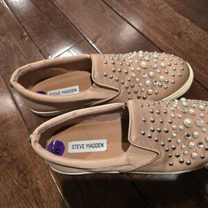 Steve Madden Women's Pearl and Stud Embellished Blush Colored Slipons